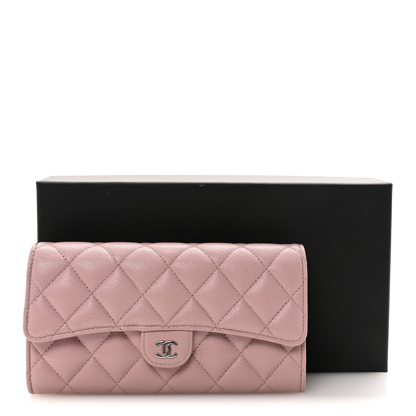 Caviar Quilted Large Gusset Flap Wallet Light Pink
