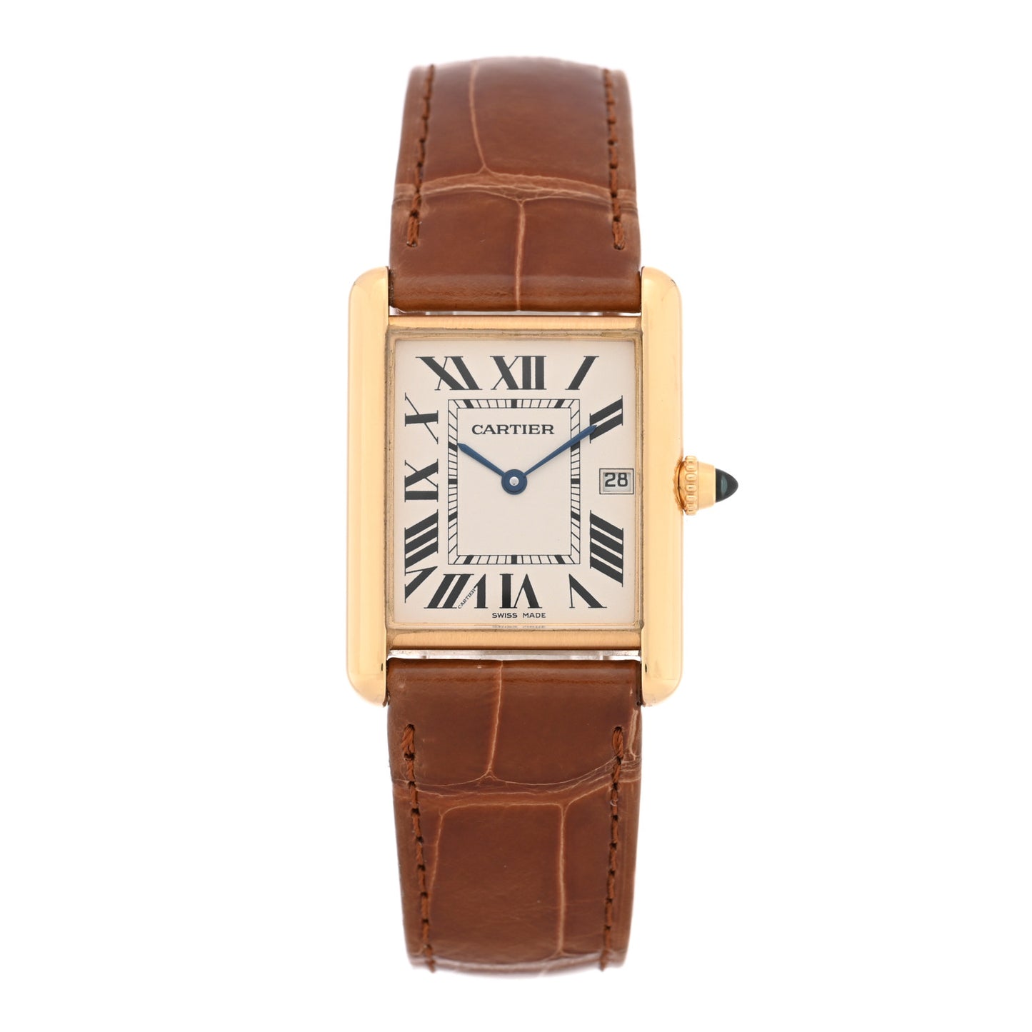 18K Yellow Gold Alligator 26mm Tank Louis Quartz Watch Brown
