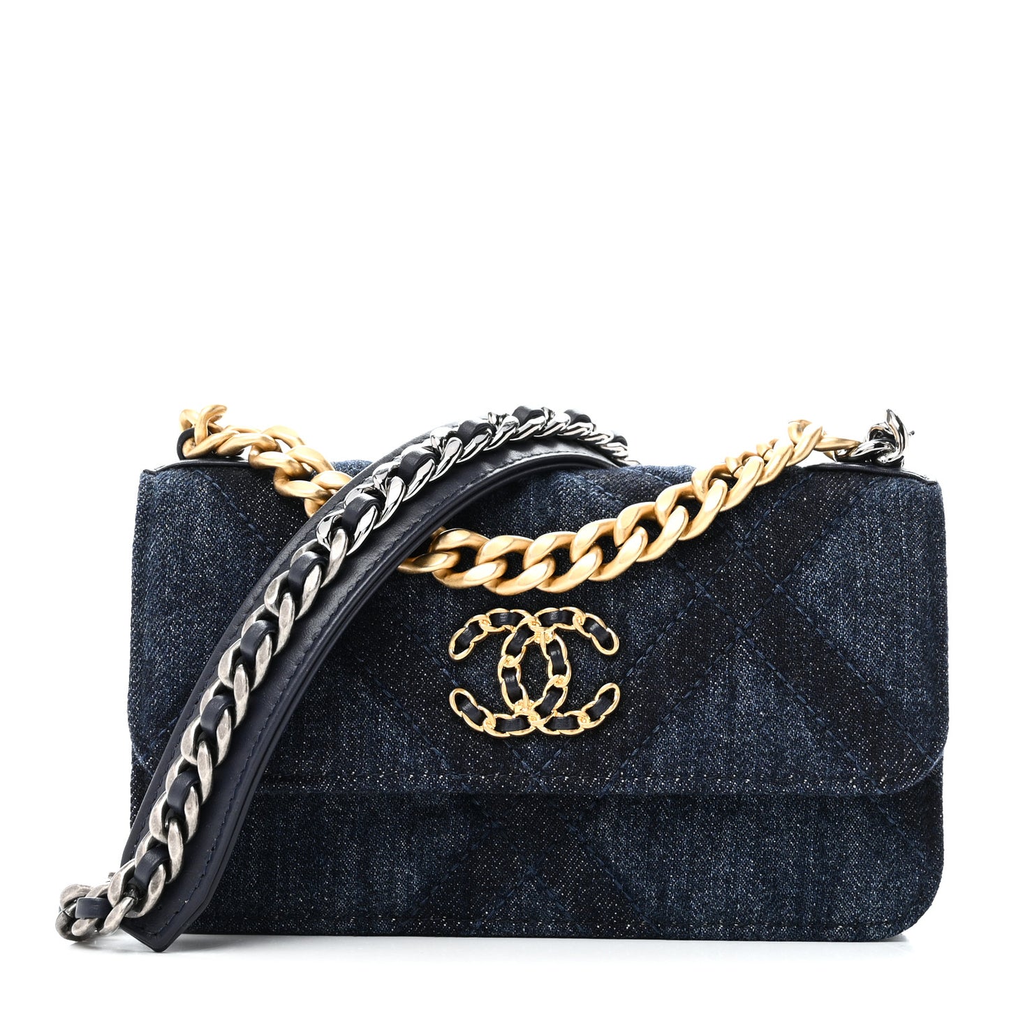 Denim Quilted Chanel 19 Flap Phone Holder With Chain Blue