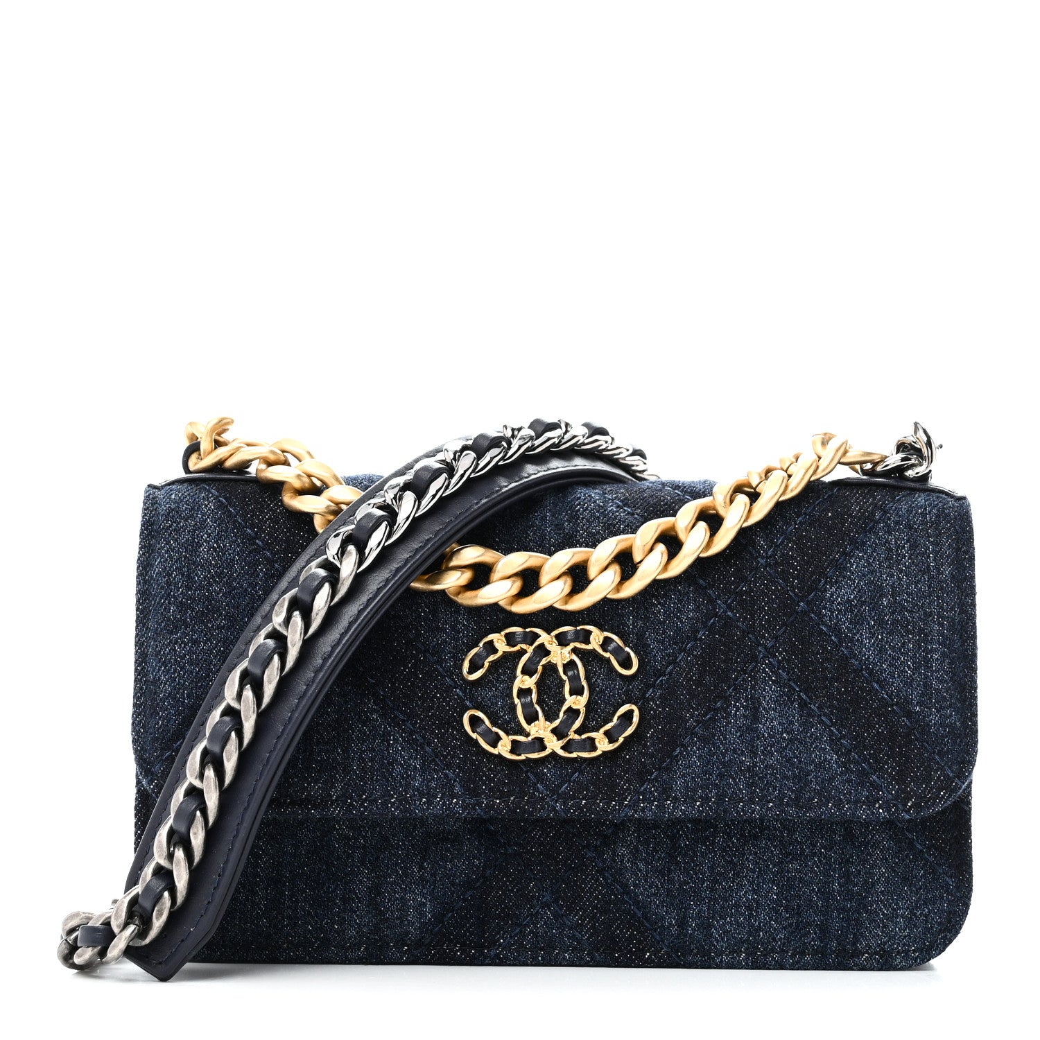 Chanel Denim Quilted Chanel 19 Flap Phone Holder With Chain Blue 1 of 11