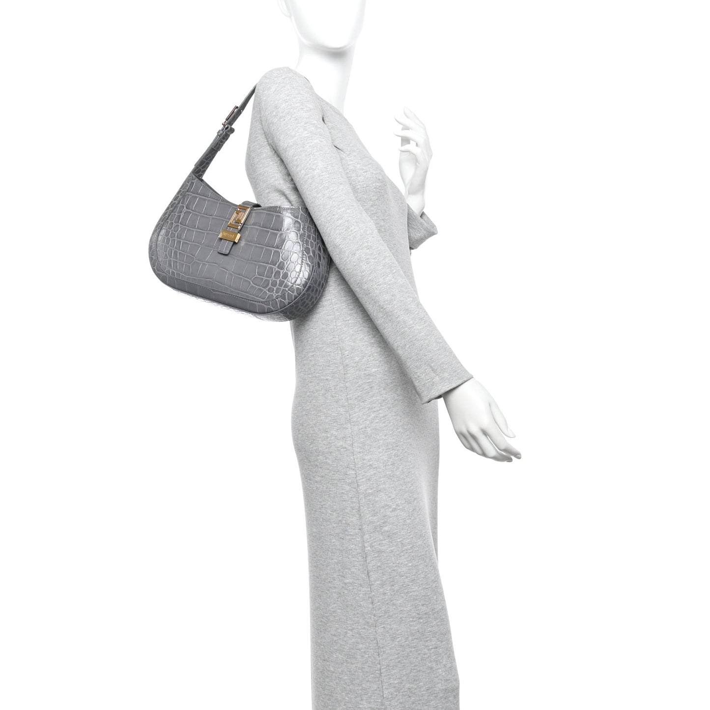 Calfskin Crocodile Embossed Large Greca Goddess Bag Charcoal