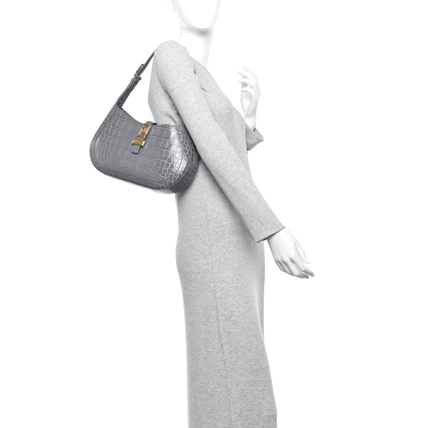 Versace Calfskin Crocodile Embossed Large Greca Goddess Bag Charcoal 2 of 10