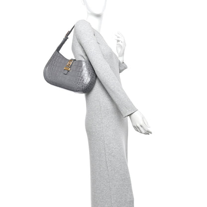 Versace Calfskin Crocodile Embossed Large Greca Goddess Bag Charcoal 2 of 10