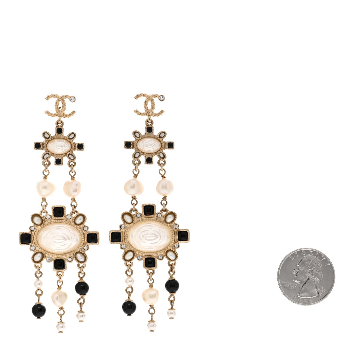 Enamel Pearl CC Drop Earrings Black Gold