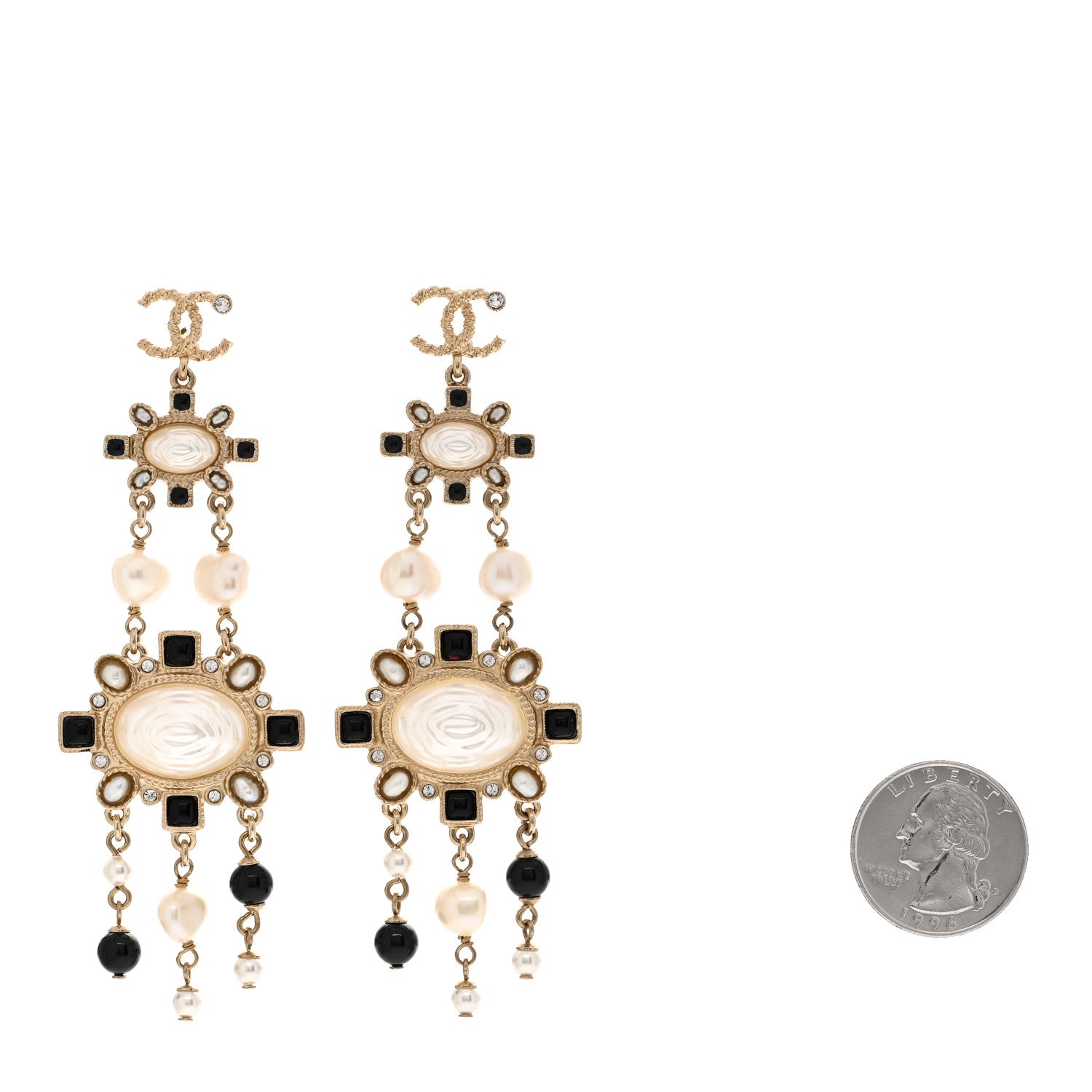Chanel Enamel Pearl CC Drop Earrings Black Gold 2 of 5