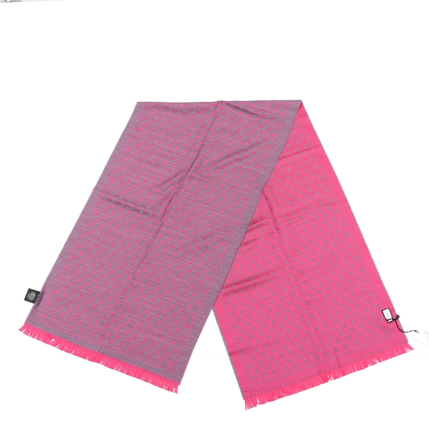 Wool GG Monogram Reversible New Sten Fringe Scarf Graphite Pink