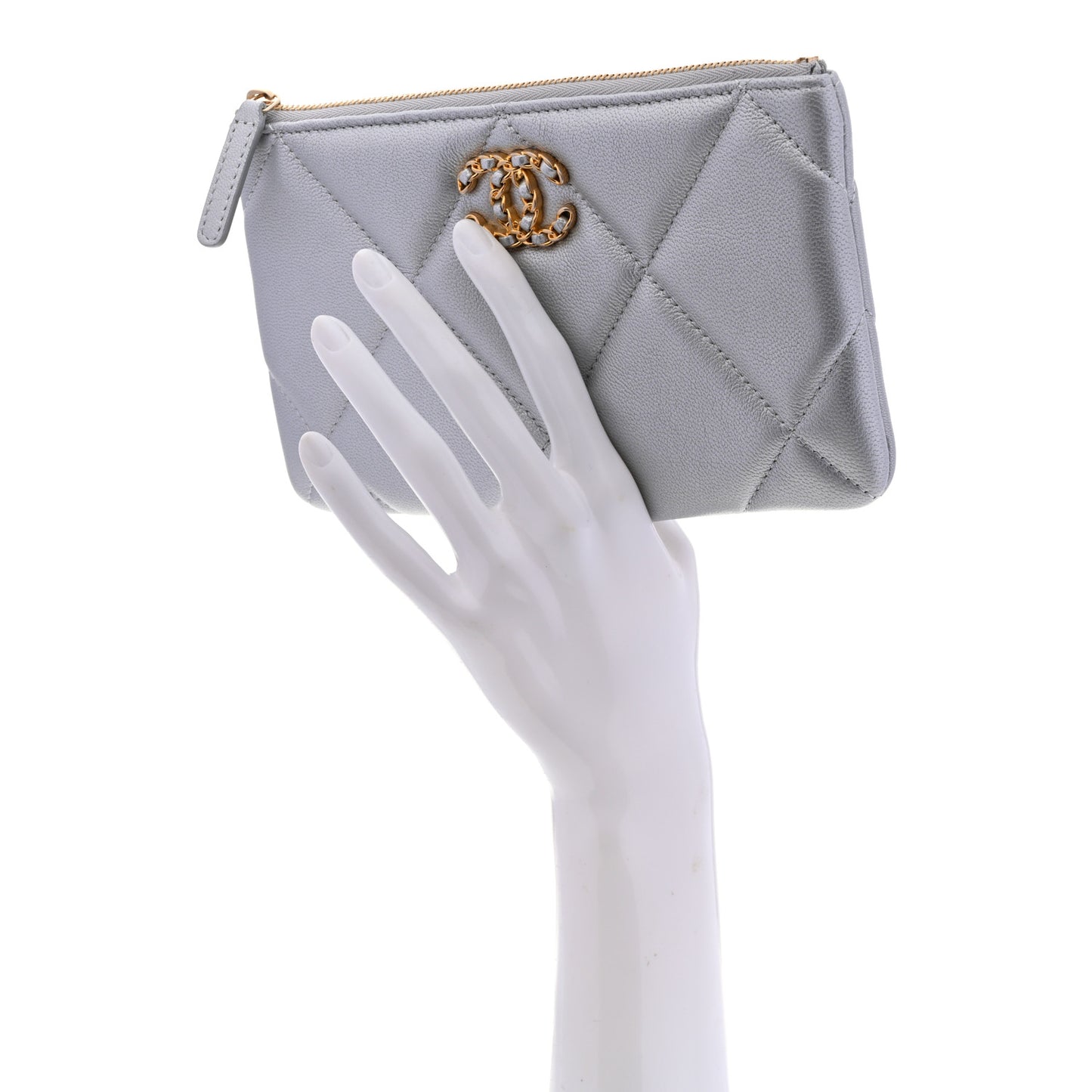 Shiny Goatskin Quilted Small Chanel 19 Pouch Silver