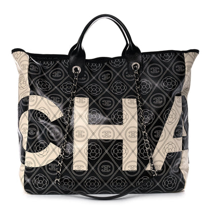 Chanel Coated Canvas Camellia Large Shopping Tote Black Beige 1 of 10