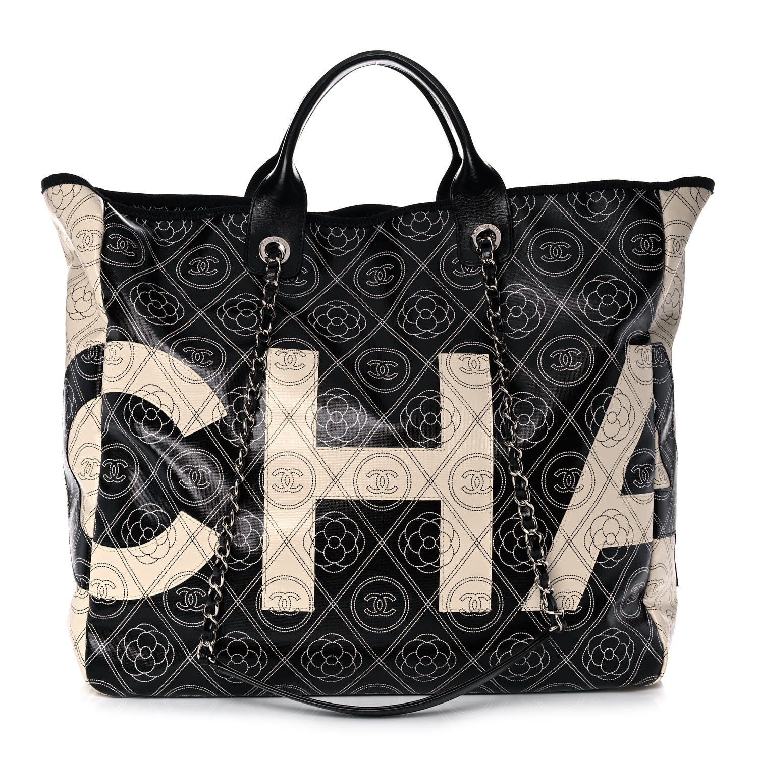 Chanel Coated Canvas Camellia Large Shopping Tote Black Beige 1 of 9