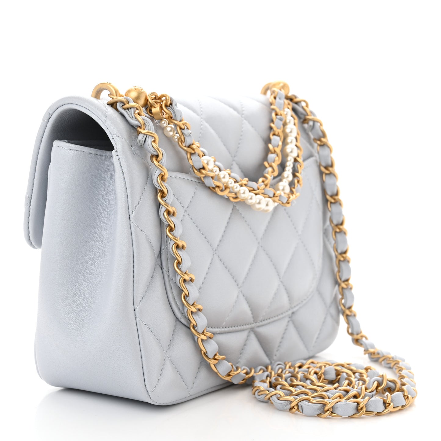 Shiny Lambskin Quilted Pearl Twist Mini Square Flap Light Grey
