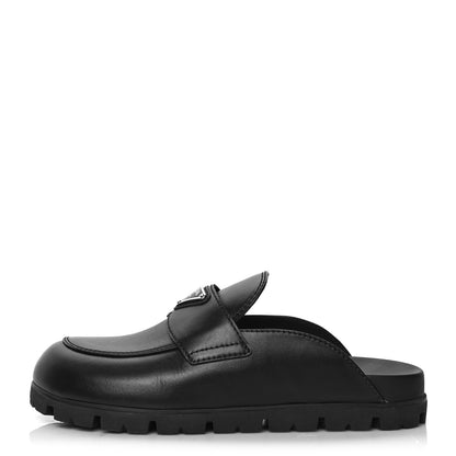 Prada City Calfskin Metal Triangle Logo 20mm Flat Mules 37 Black 1 of 8