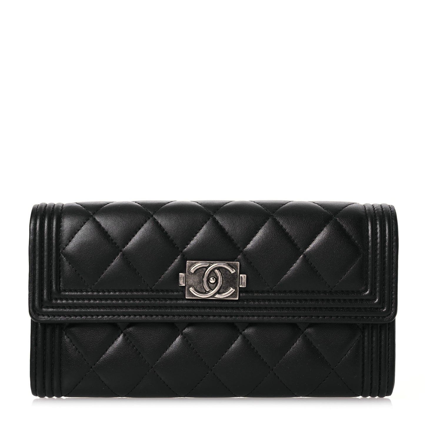 Lambskin Quilted Large Boy Gusset Flap Wallet Black