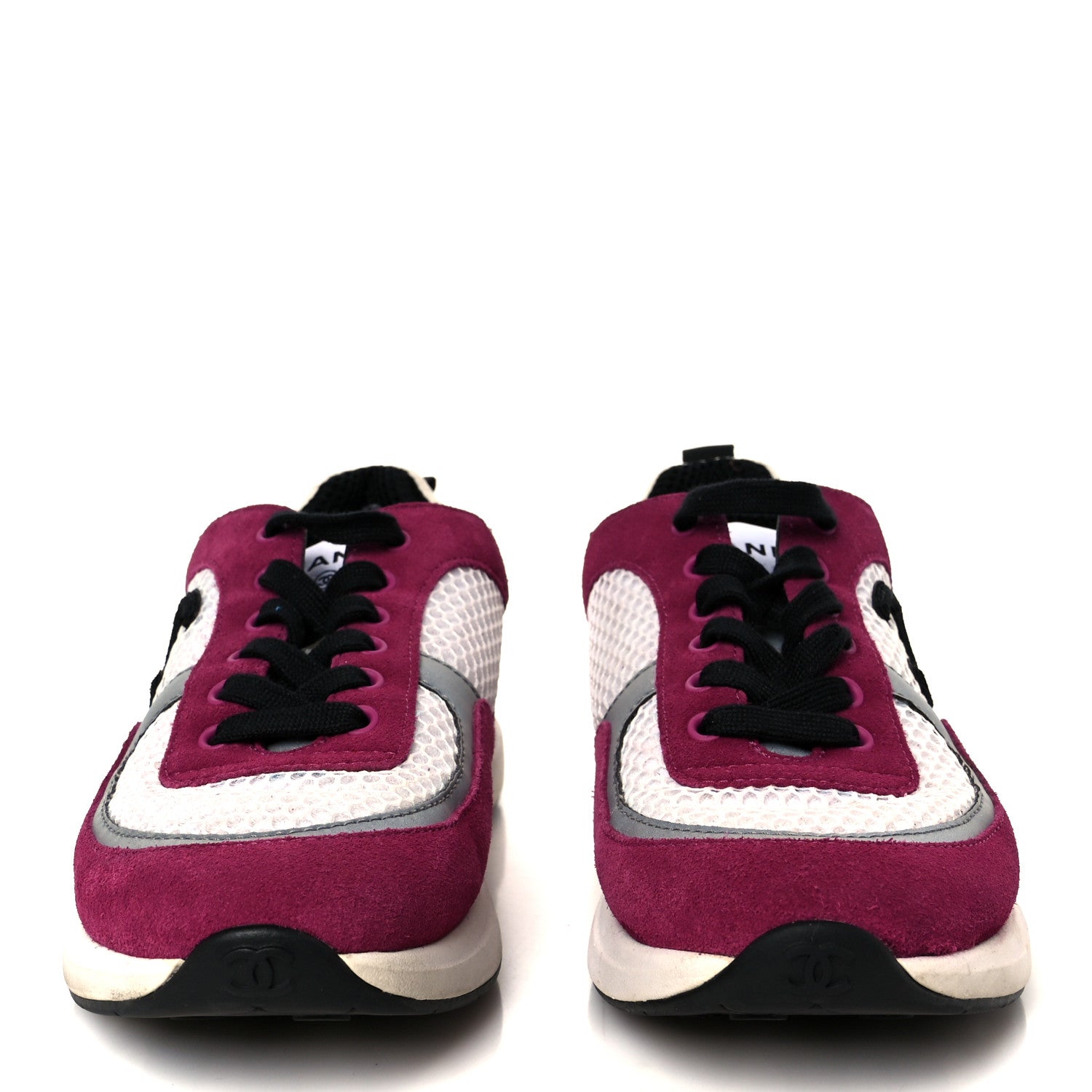 Chanel Mesh Suede Calfskin Womens CC Sneakers 38 White Dark Pink Grey 3 of 9