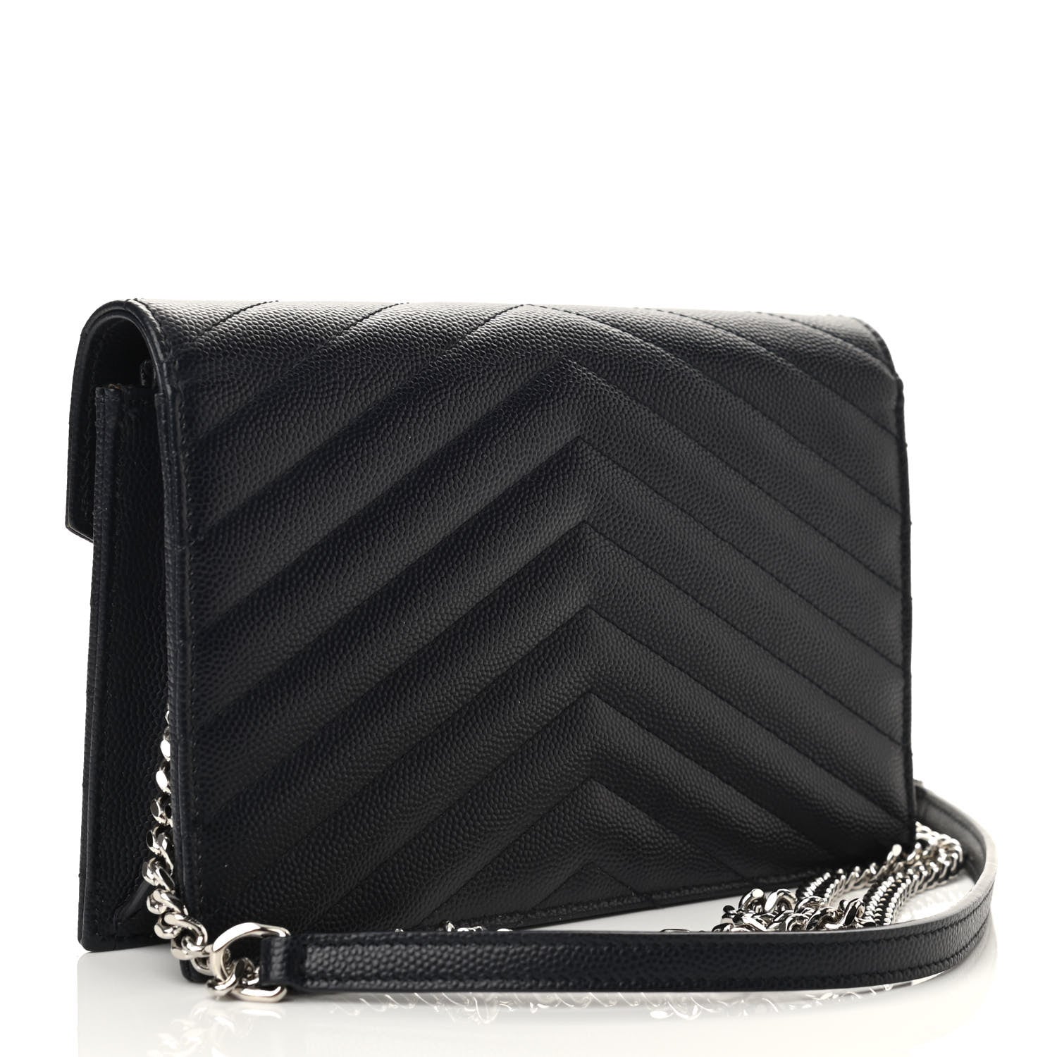 Saint Laurent Grain De Poudre Matelasse Chevron Monogram Envelope Chain Wallet Navy 2 of 9