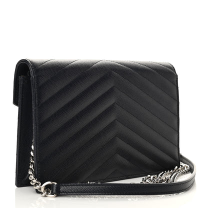 Saint Laurent Grain De Poudre Matelasse Chevron Monogram Envelope Chain Wallet Navy 2 of 9
