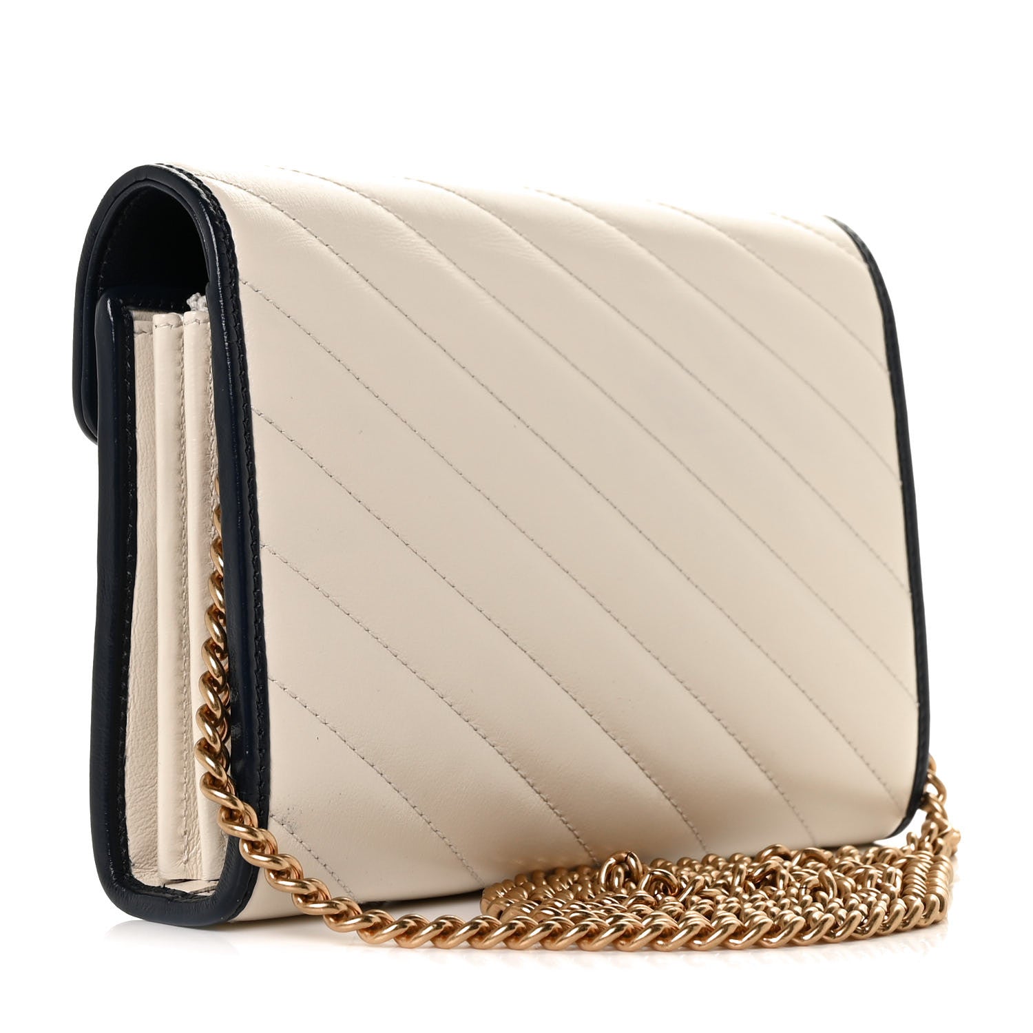 Gucci Vintage Effect Calfskin Matelasse Diagonal Torchon GG Marmont Chain Wallet Mystic White Blue Agata 3 of 8