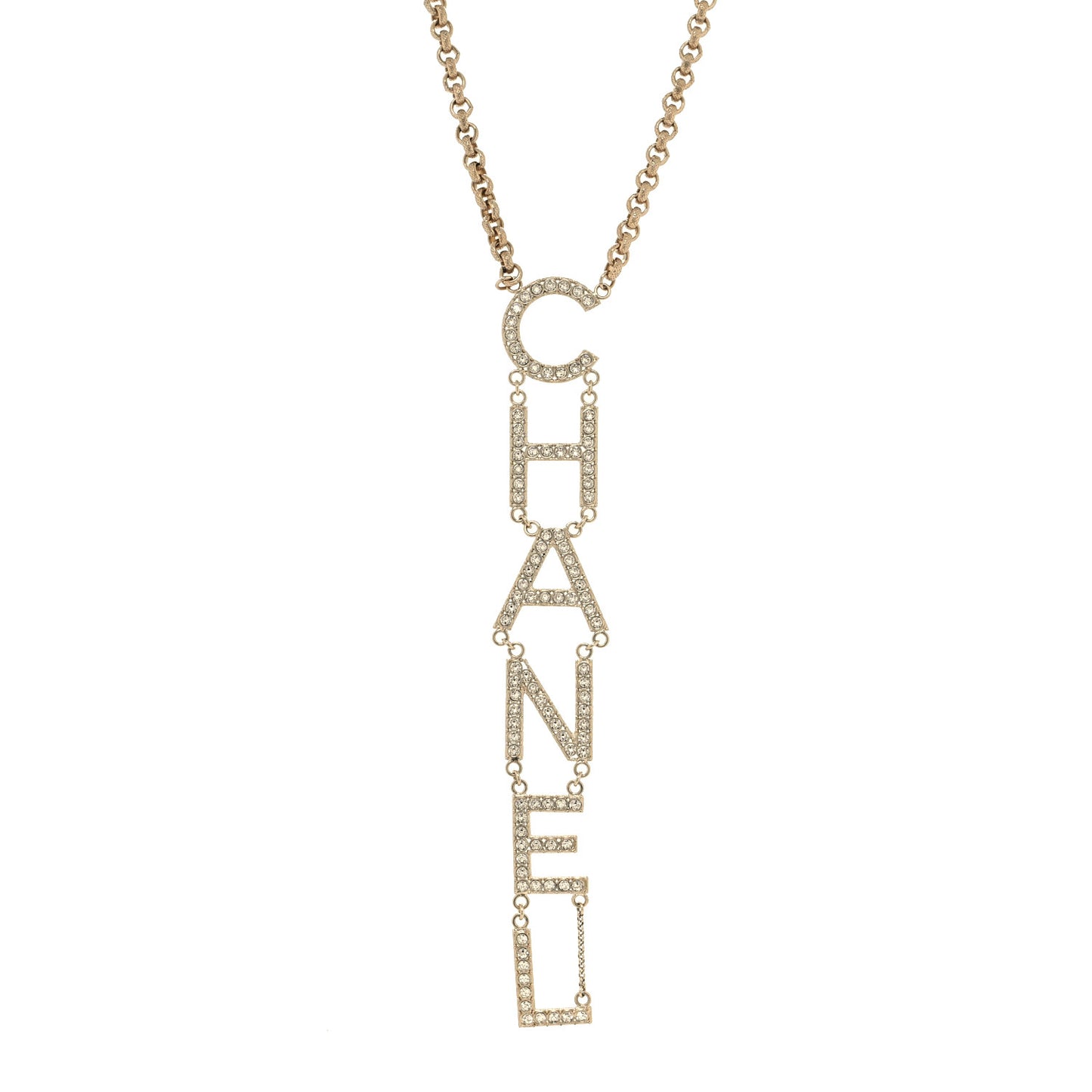 Metal Crystal Cha-Nel Logo Necklace Gold