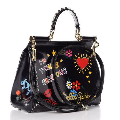 Dolce & Gabbana Glazed Calfskin Embroidered Medium Heart Flower Miss Sicily Satchel Black 4 of 10
