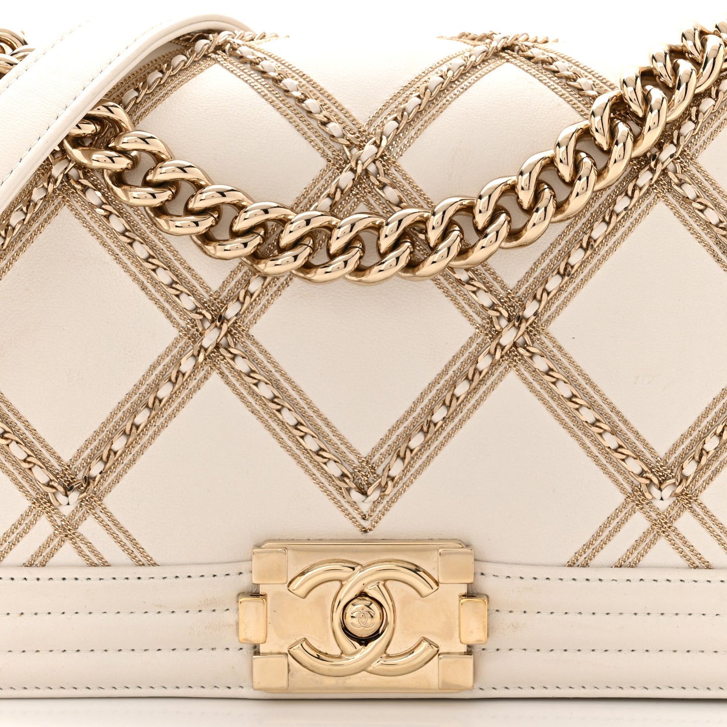 Calfskin Quilted Medium Chain Embellished Boy Flap White
