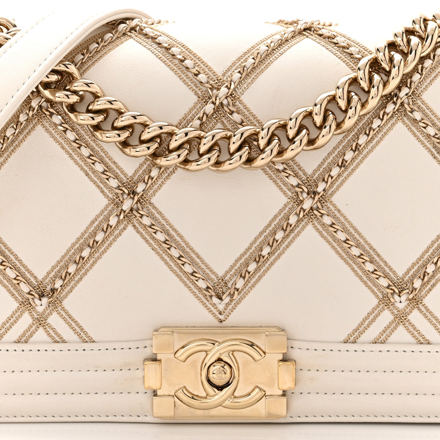 Chanel Calfskin Quilted Medium Chain Embellished Boy Flap White 7 of 14
