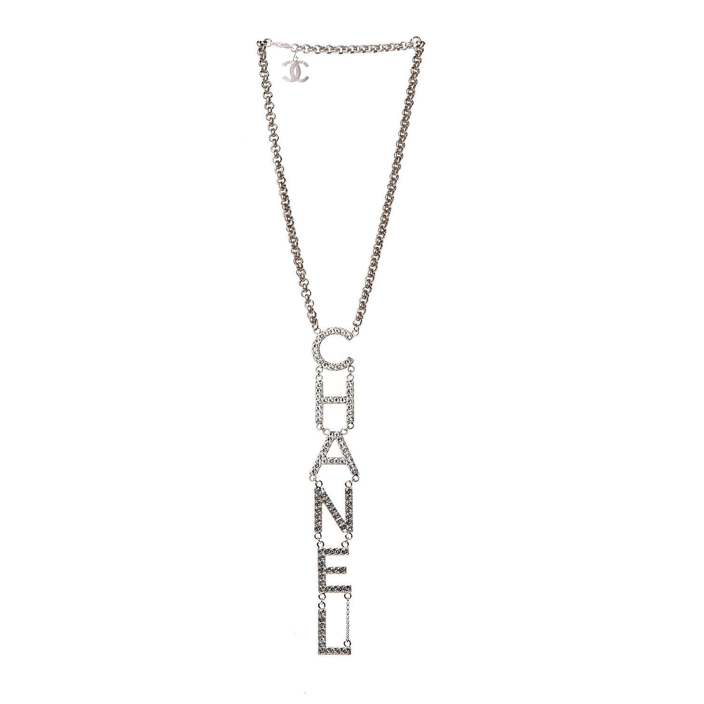 Metal Crystal Cha-Nel Logo Necklace Gold