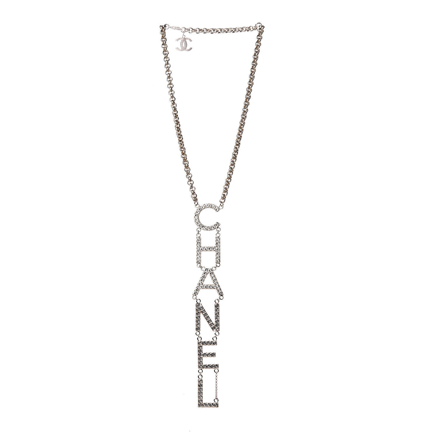 Chanel Metal Crystal Cha-Nel Logo Necklace Gold 3 of 5