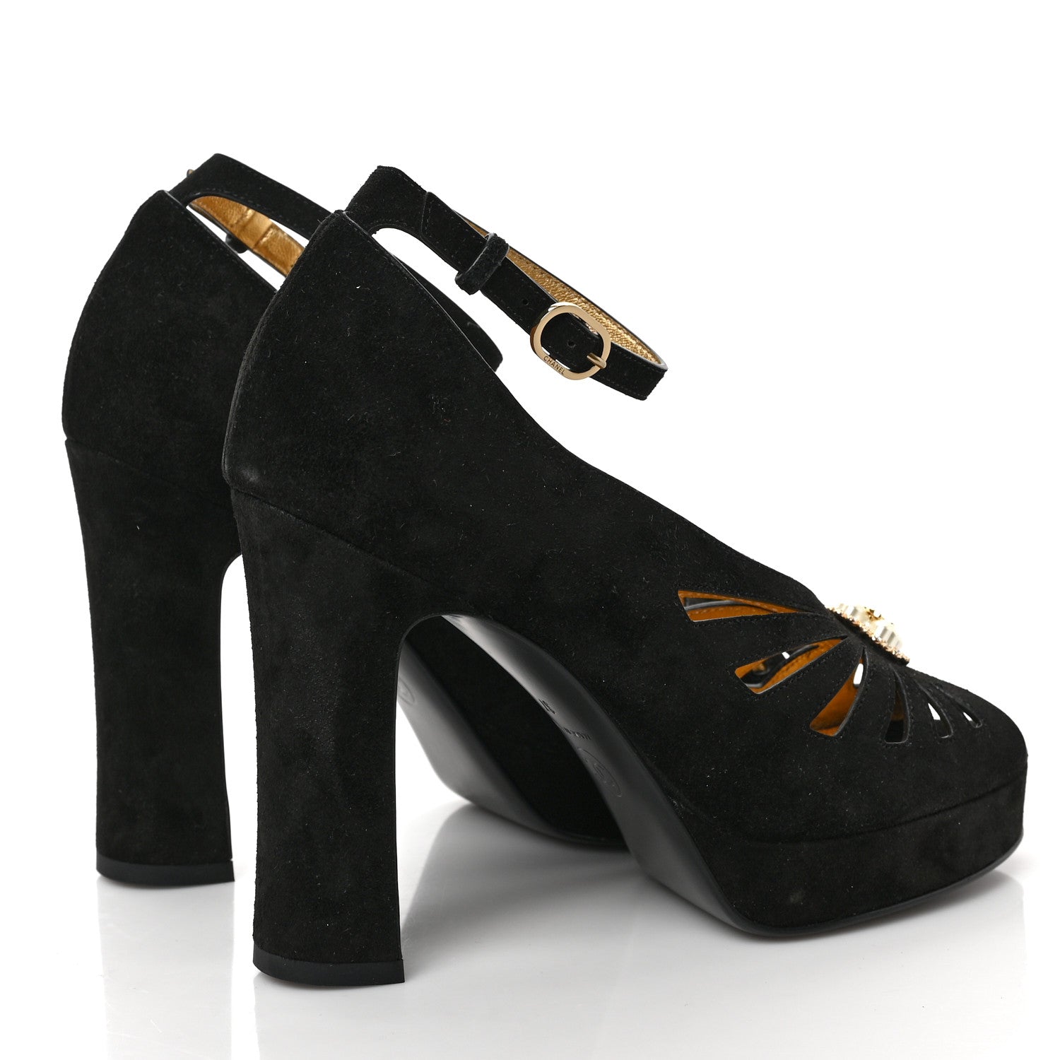 Chanel Suede Calfskin Pearl Shamrock CC Sandals 37 Black 4 of 9