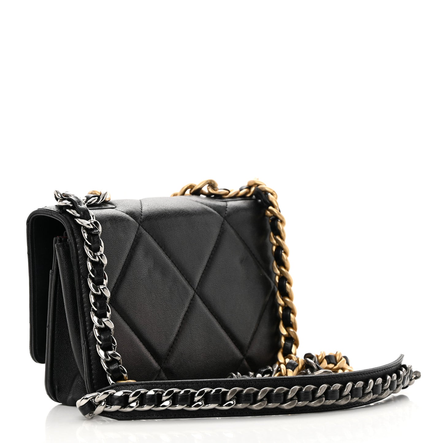 Shiny Goatskin Quilted Chanel 19 Wallet On Chain WOC Black
