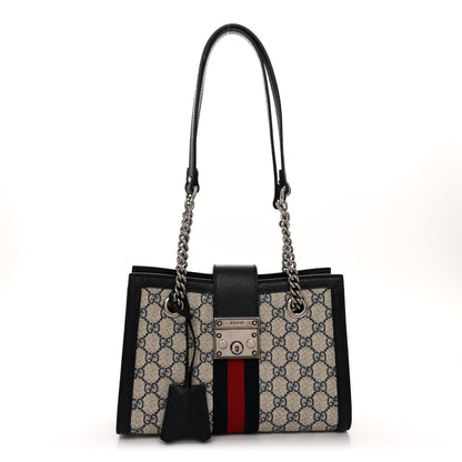 Gucci GG Supreme Monogram Textured Dollar Calfskin Web Small Padlock Tote Bag Beige Blue 1 of 10