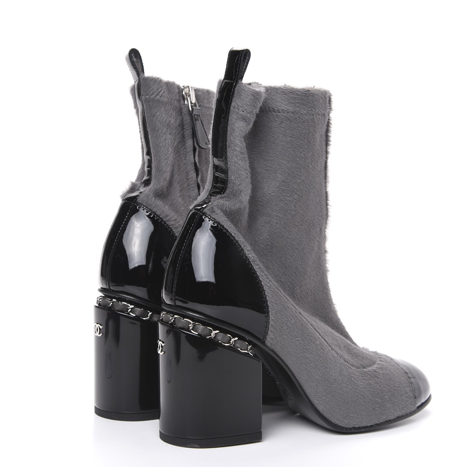 Chanel Pony Hair Patent Cap Toe Chain Short Boots 35.5 Grey Black 4 of 8