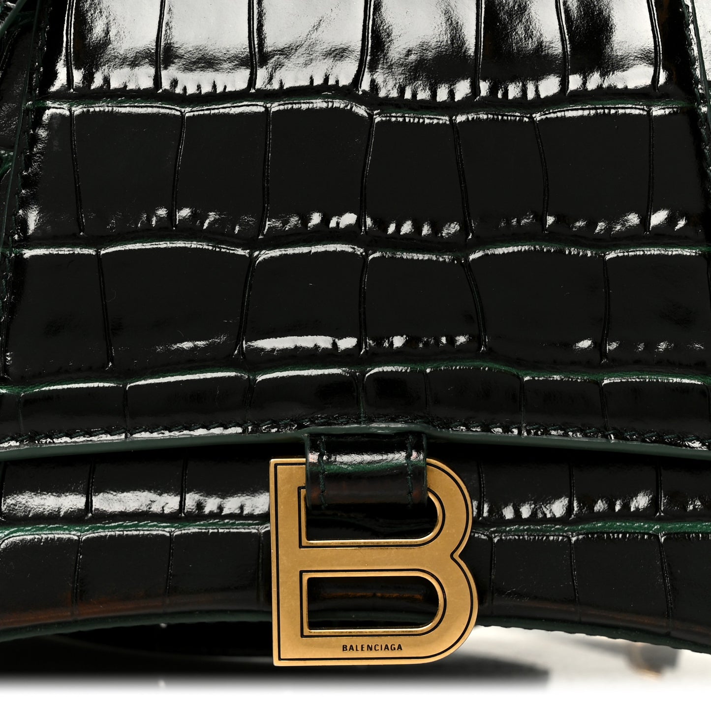 Shiny Calfskin Crocodile Embossed Small Hourglass Top Handle Bag Forest Green