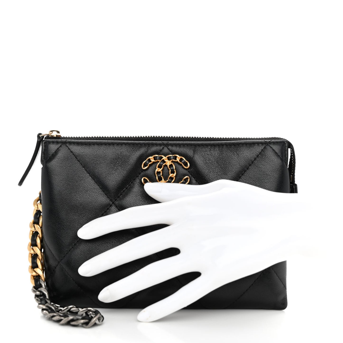 Shiny Goatskin Quilted Small Chanel 19 Pouch With Handle Black