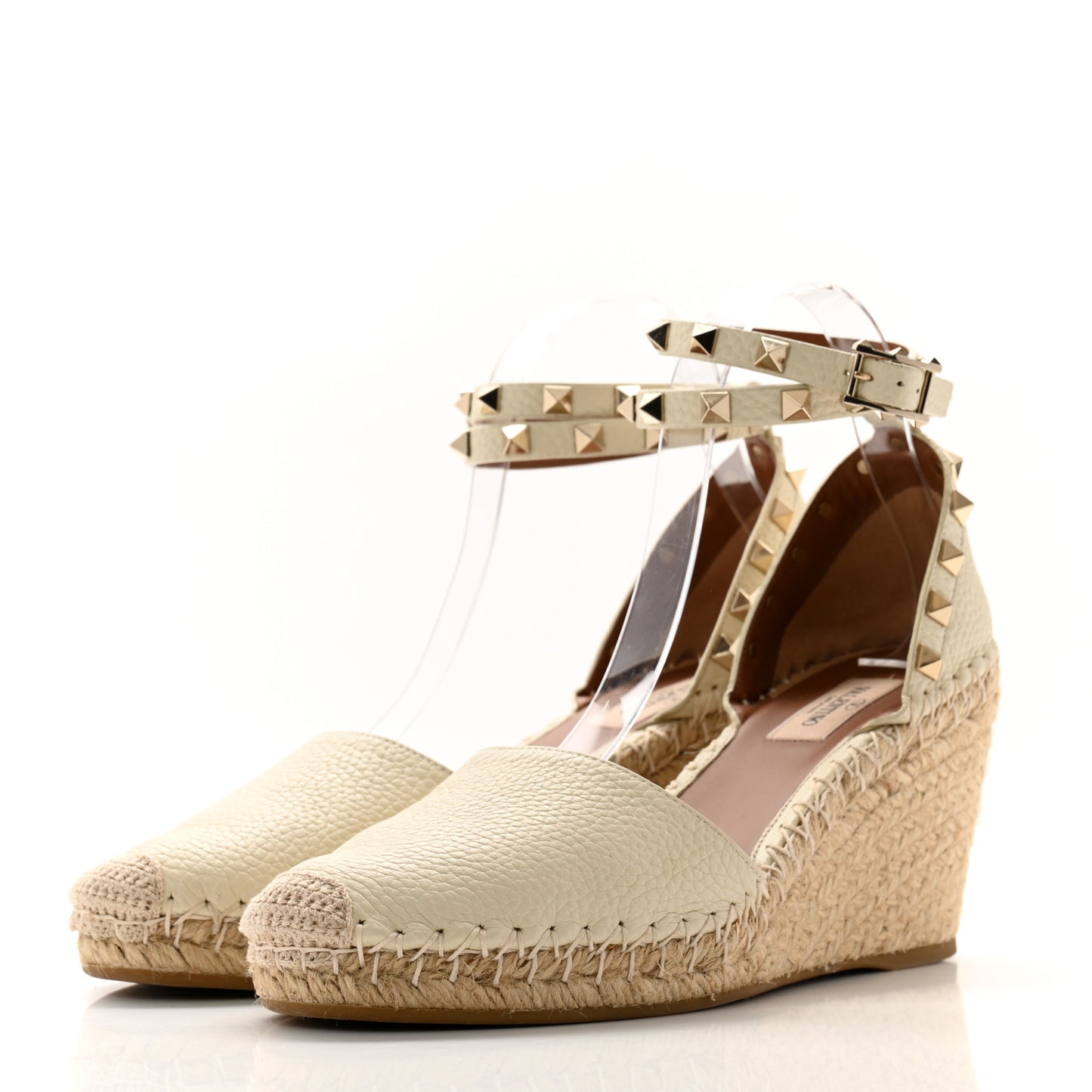 Grained Calfskin Rockstud Ankle Wrap Espadrille 15/85mm Wedges 39 Light Ivory