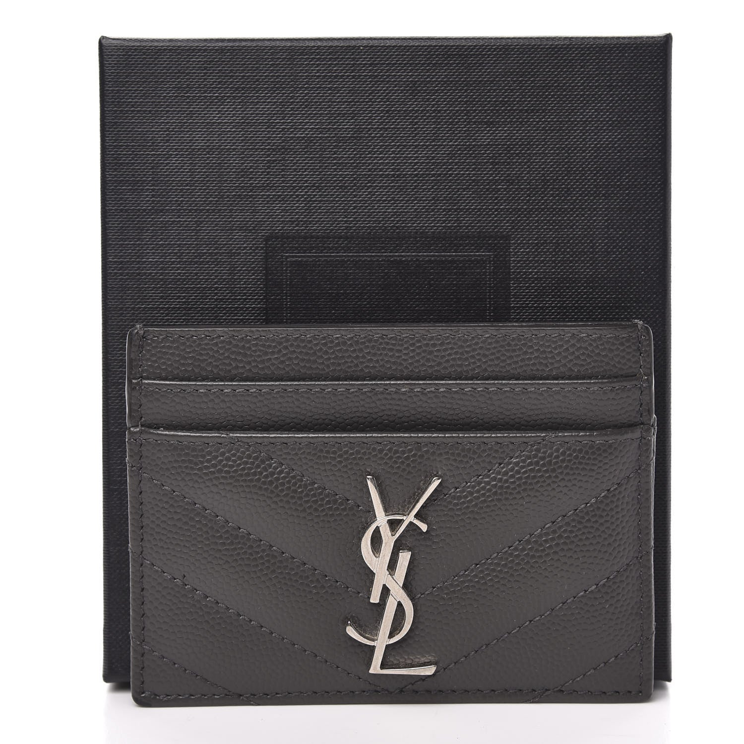 Saint Laurent Grain De Poudre Matelasse Chevron Monogram Credit Card Case Coal 8 of 8