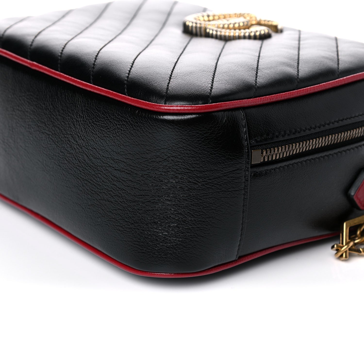 Gucci Vintage Effect Calfskin Matelasse Diagonal Small Torchon GG Marmont Bamboo Top Handle Shoulder Bag Black Romantic Cherry 9 of 10
