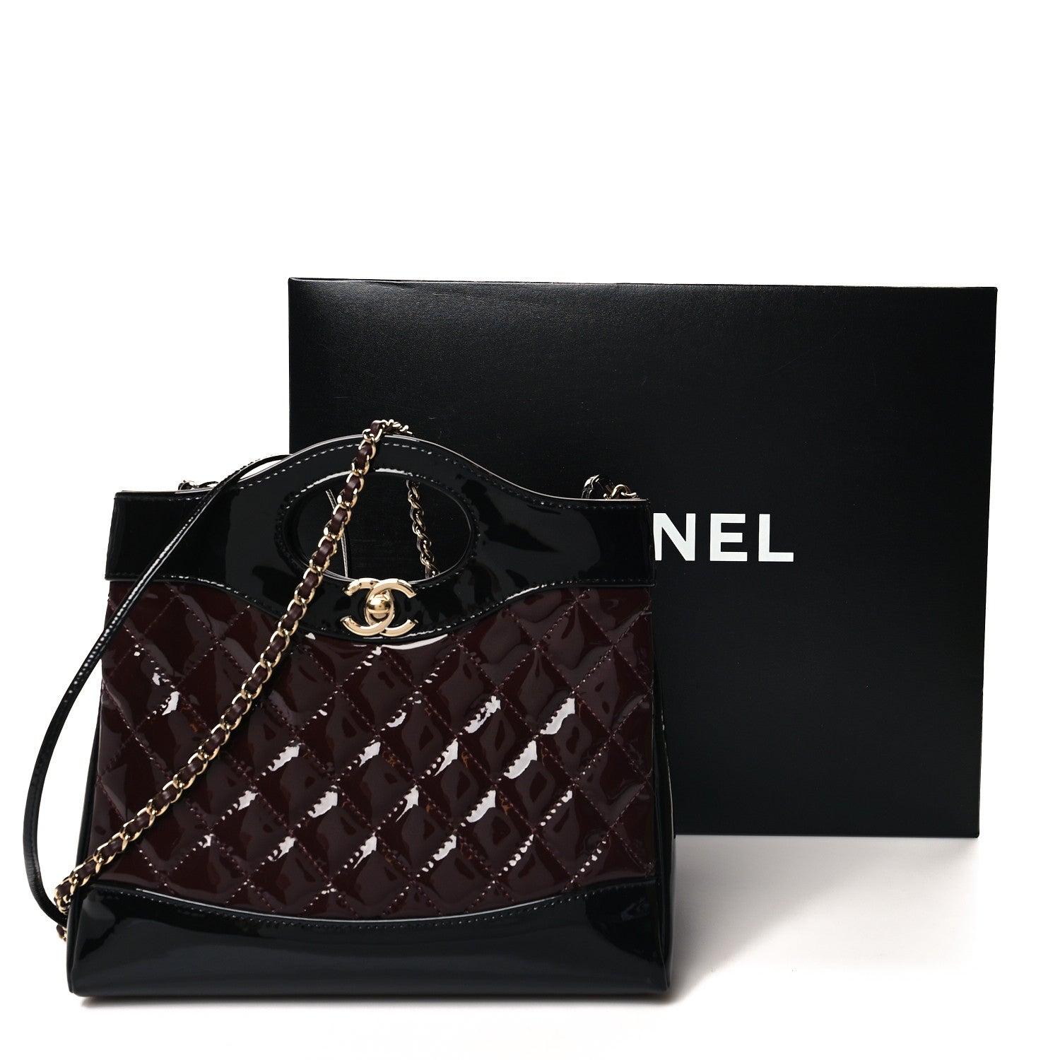 Chanel Patent Calfskin Quilted Mini 31 Shopping Bag Burgundy Black 11 of 11