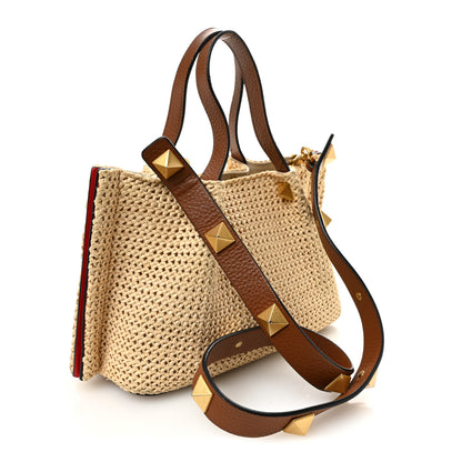 Valentino Garavani Raffia Grained Calfskin Small Rockstud Vlogo Tote Naturale 3 of 10