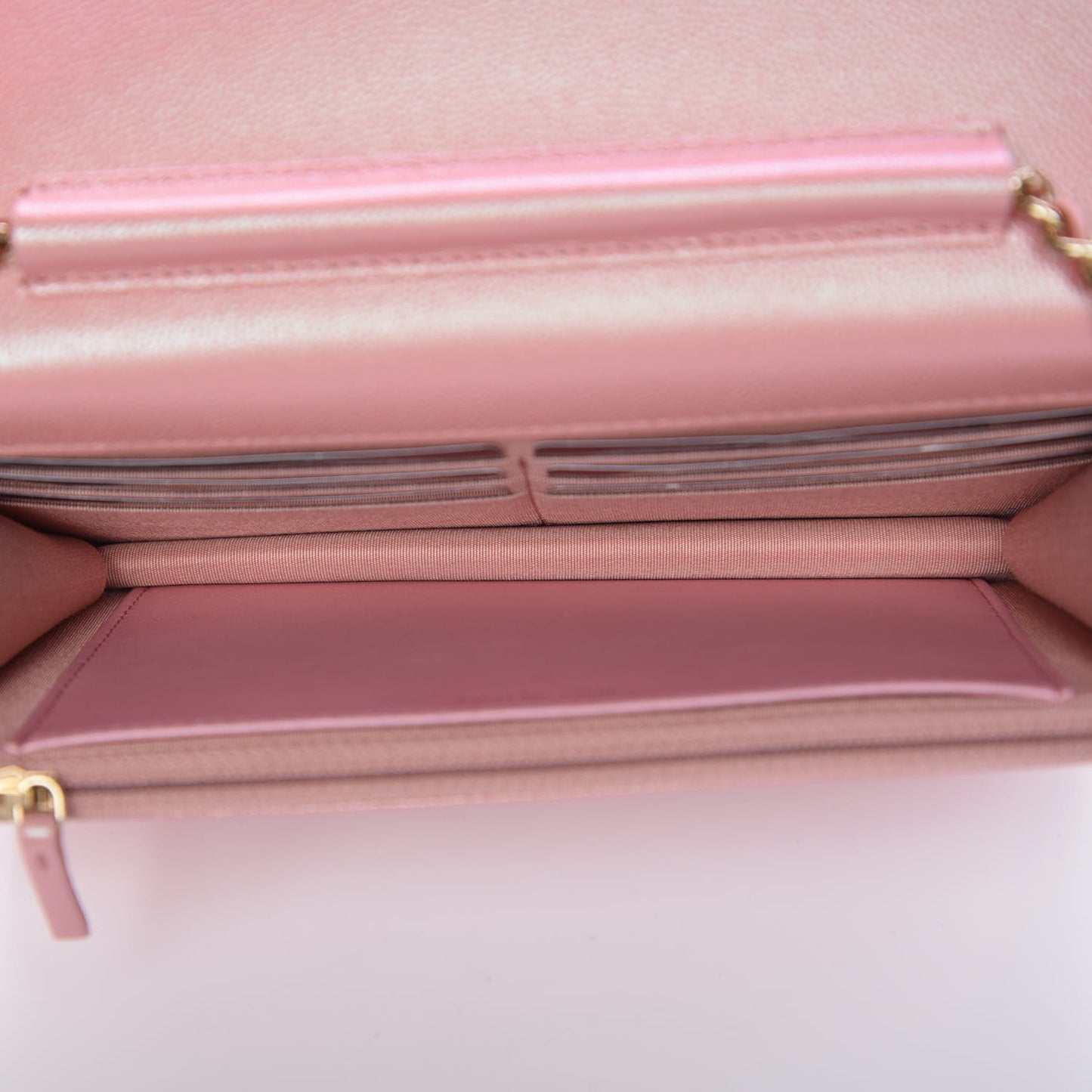 Iridescent Caviar Quilted Wallet on Chain WOC Rose Pink