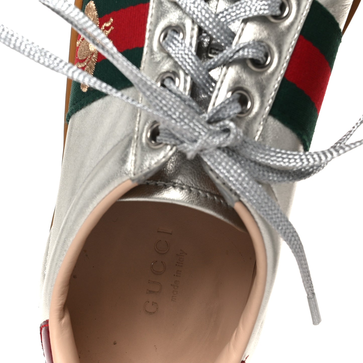 Metallic Nappa Web Bee Embroidered Womens Ace Platform Sneakers 36 Argento Red Flame