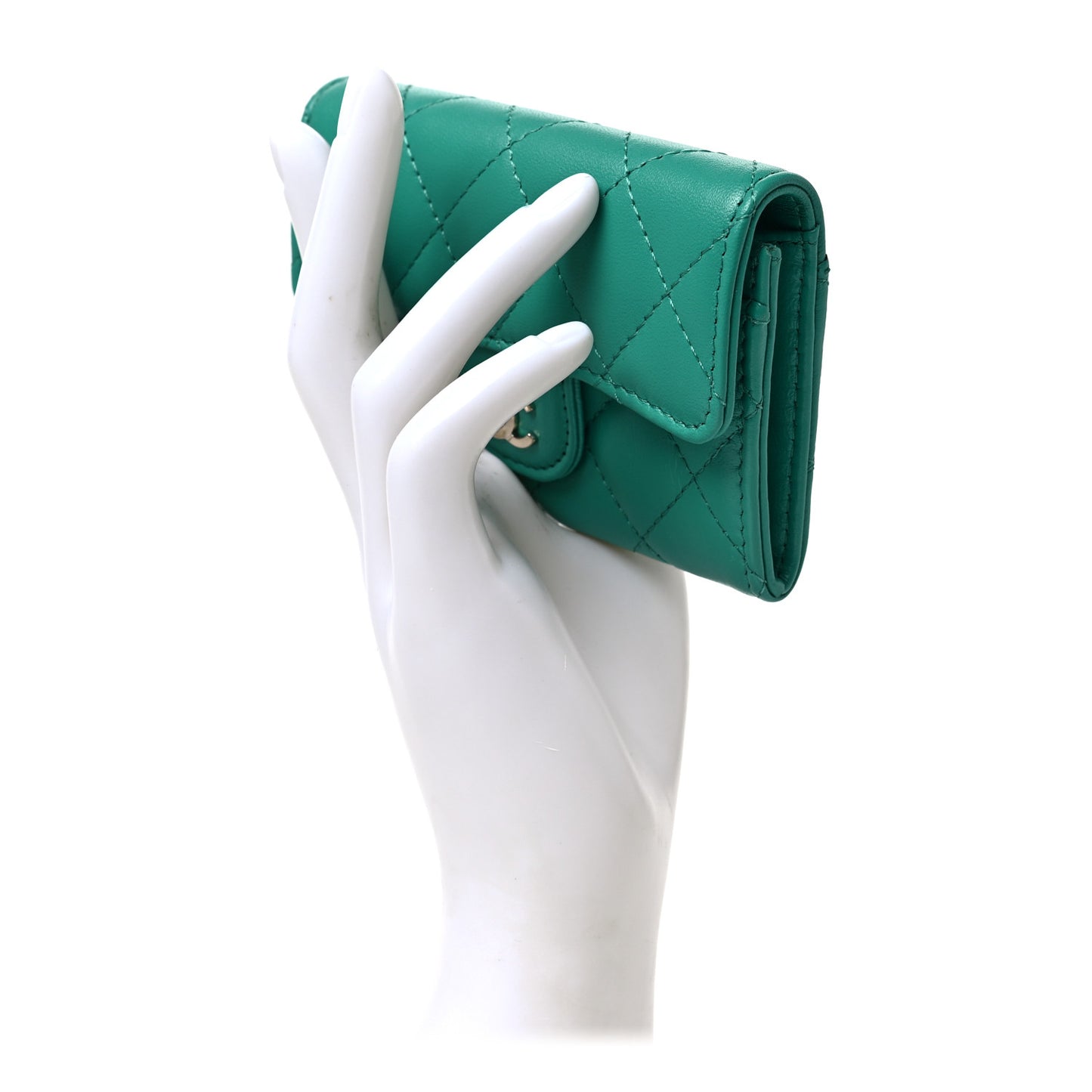 Lambskin Quilted Flap Card Holder Wallet Green