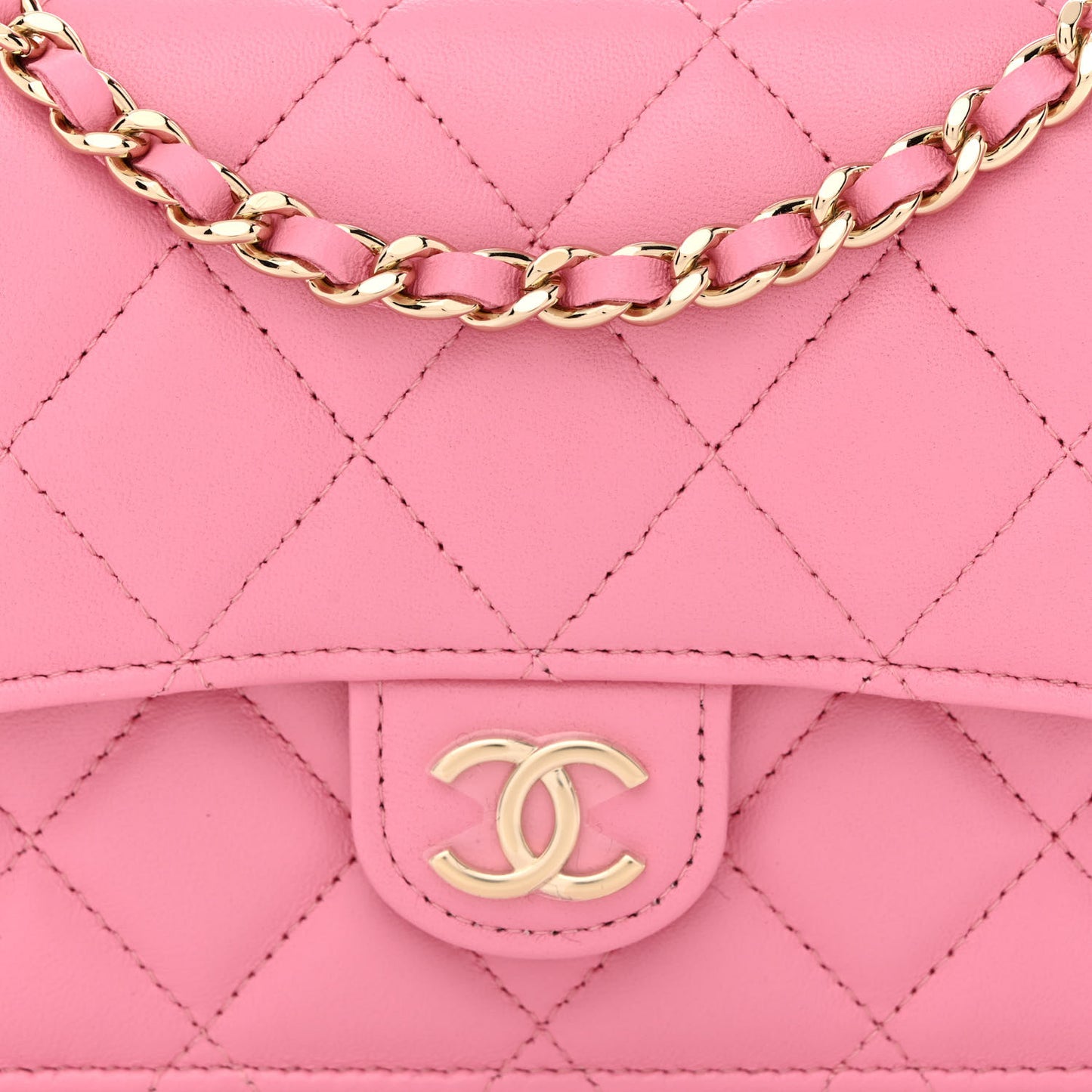 Lambskin Quilted Flap Phone Holder With Chain Pink