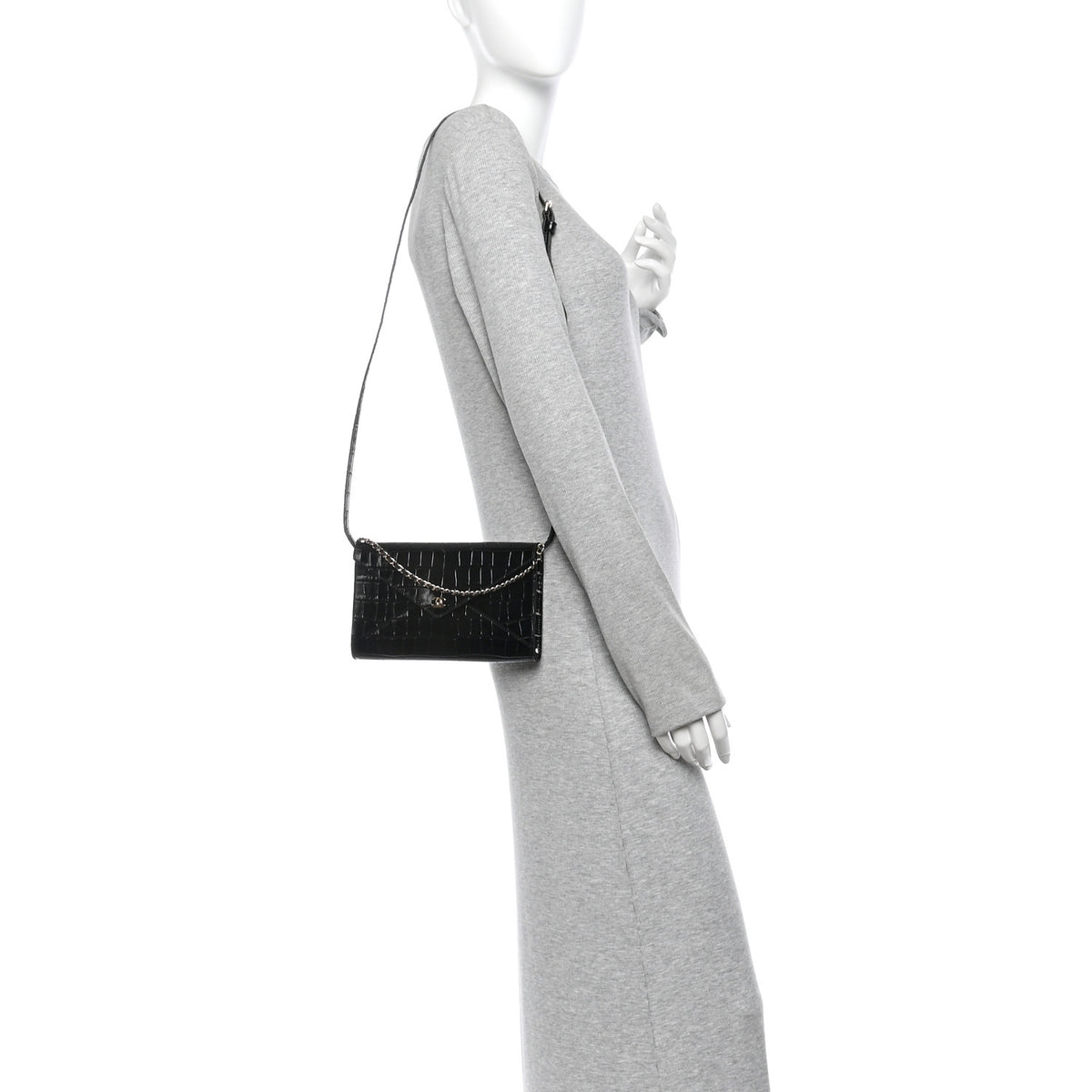 Calfskin Crocodile Embossed Envelope Clutch With Strap Black