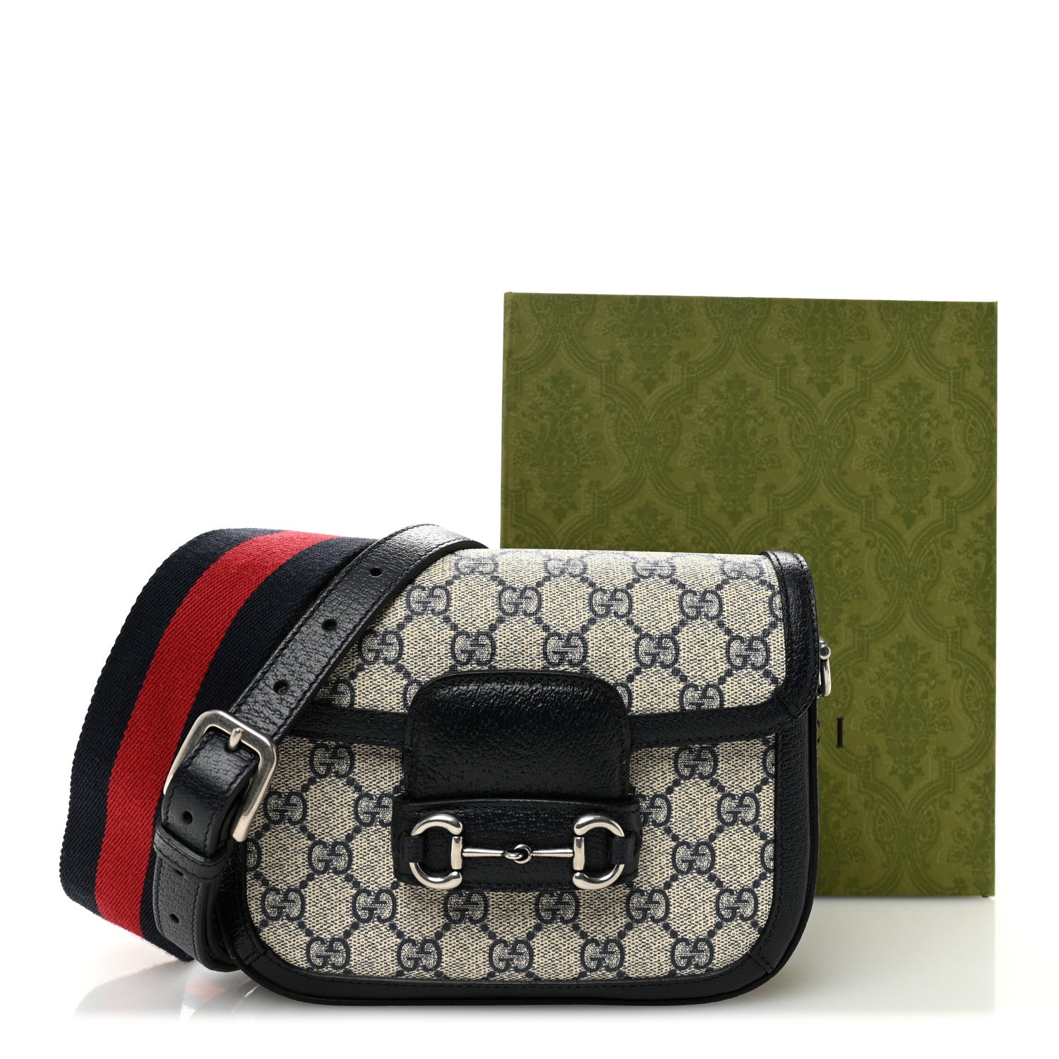 Gucci GG Supreme Monogram Textured Dollar Calfskin Web Mini Horsebit 1955 Shoulder Bag Beige Blue 10 of 10