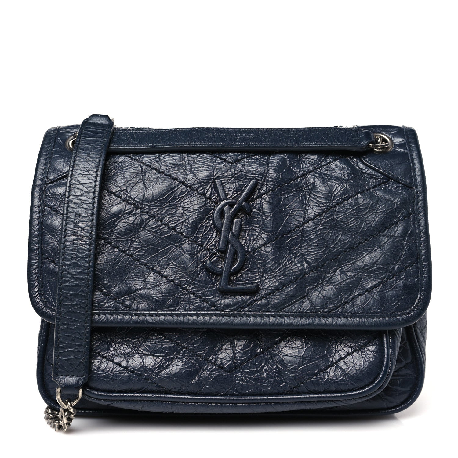 Saint Laurent Crinkled Calfskin Matelasse Monogram Baby Niki Chain Satchel Navy 1 of 10