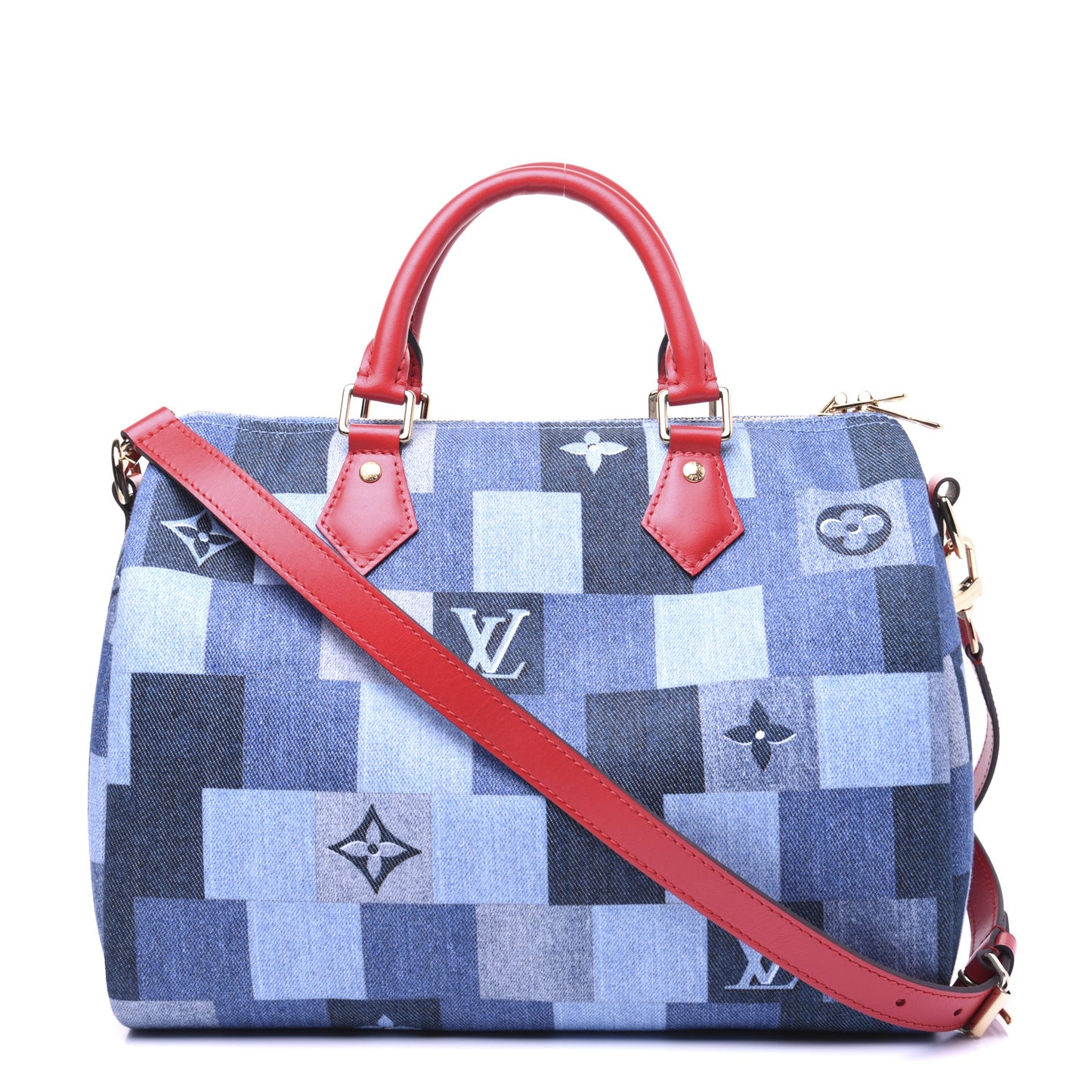 Denim Damier Monogram Patchwork Speedy Bandouliere 30 Blue Rouge