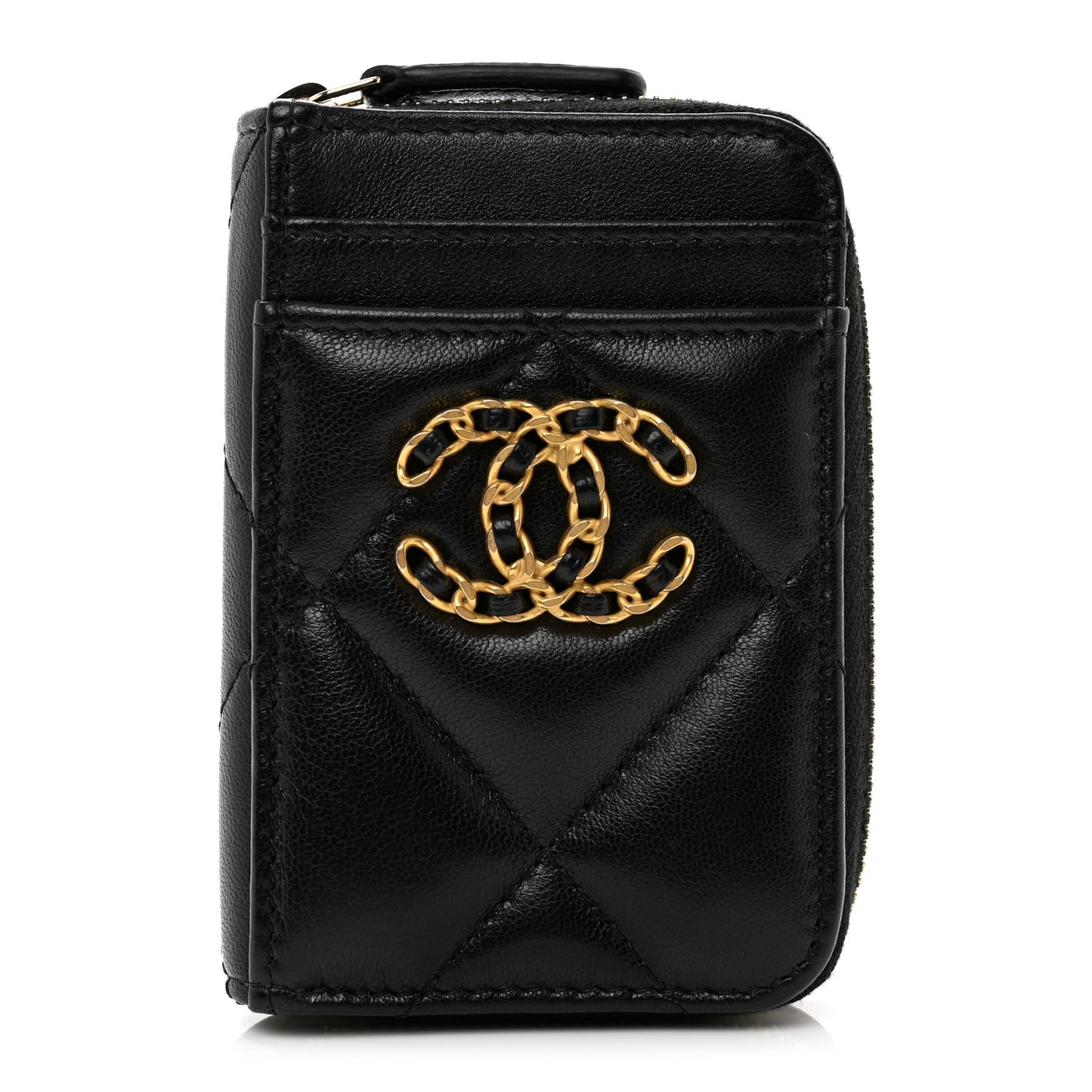Lambskin Quilted Chanel 19 Vertical Zip Card Holder Wallet Black