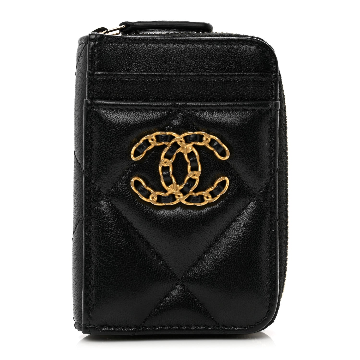 Chanel Lambskin Quilted Chanel 19 Vertical Zip Card Holder Wallet Black 1 of 8