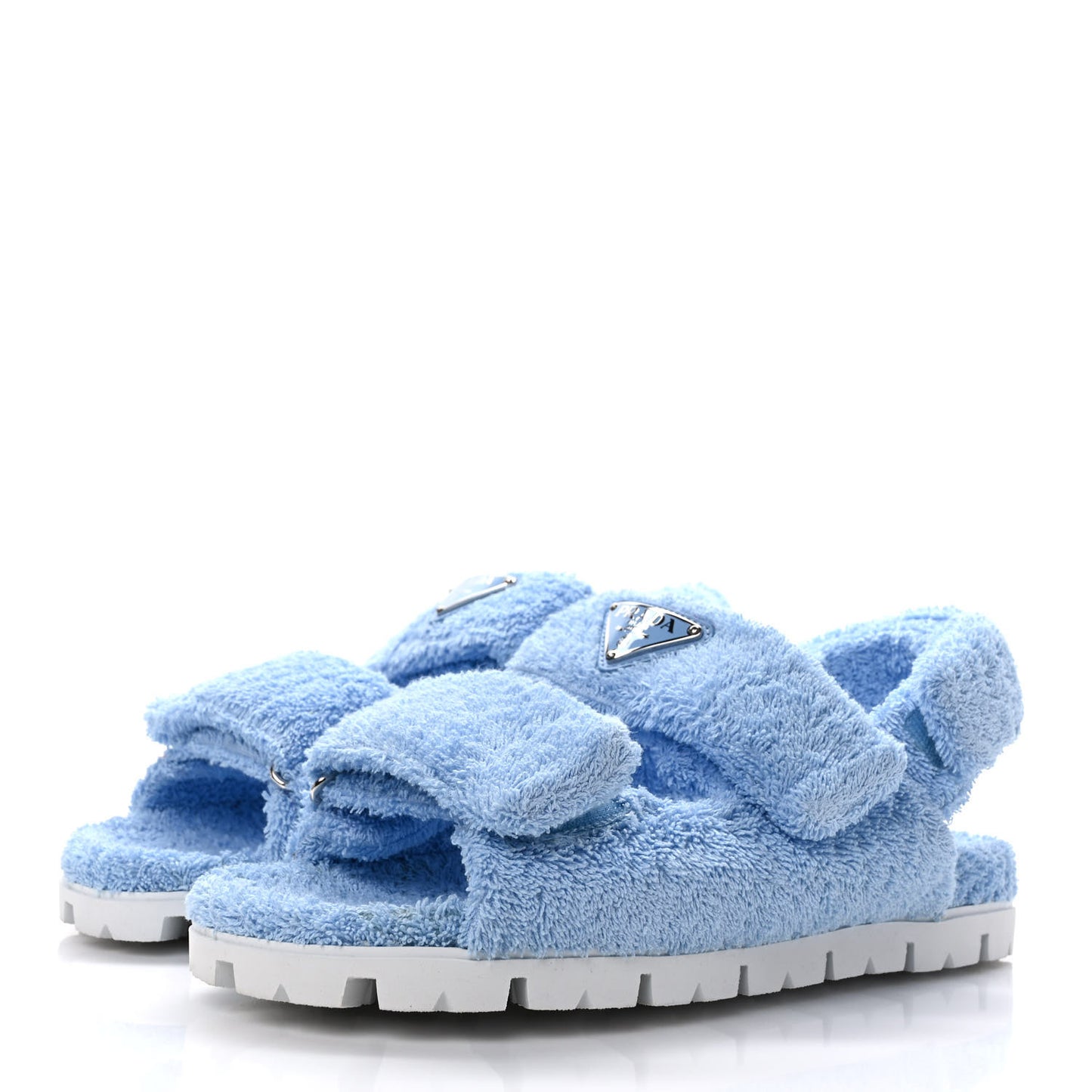 Terry Cloth Metal Triangle Logo Double Strap Slingback Lug Sole 20mm Sandals 41 Celeste