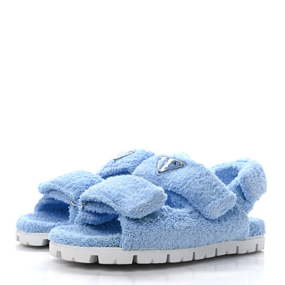 Prada Terry Cloth Metal Triangle Logo Double Strap Slingback Lug Sole 20mm Sandals 41 Celeste 3 of 9