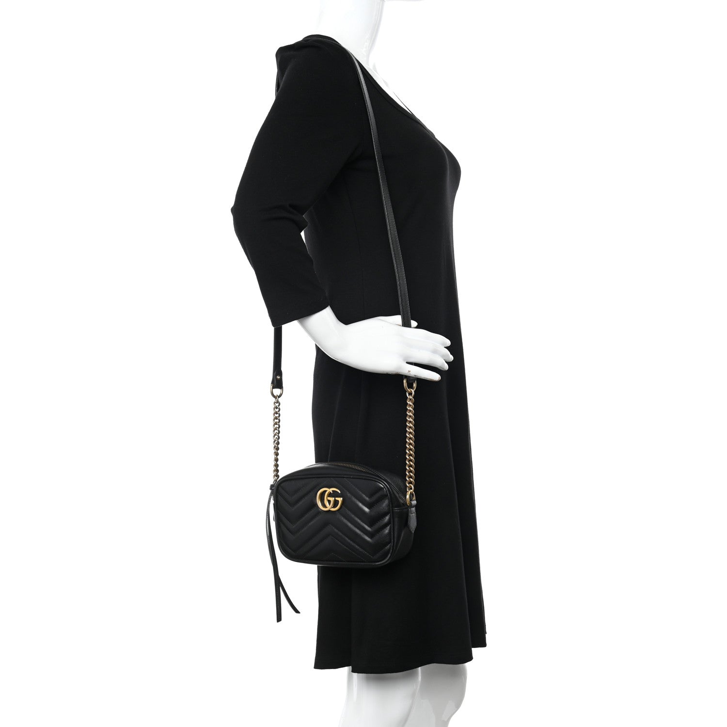 Gucci Calfskin Matelasse Mini GG Marmont Chain Shoulder Bag Black 2 of 11